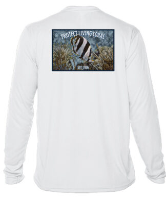 Banded Butterfly Fish mosaic on white UPF 50+ long sleeve shirt, promoting coral protection and ocea.