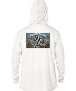 Protect Living Coral - Reef Relief Banded Butterfly Mosaic Hoodie, UPF 50+ in white, 2XLG.