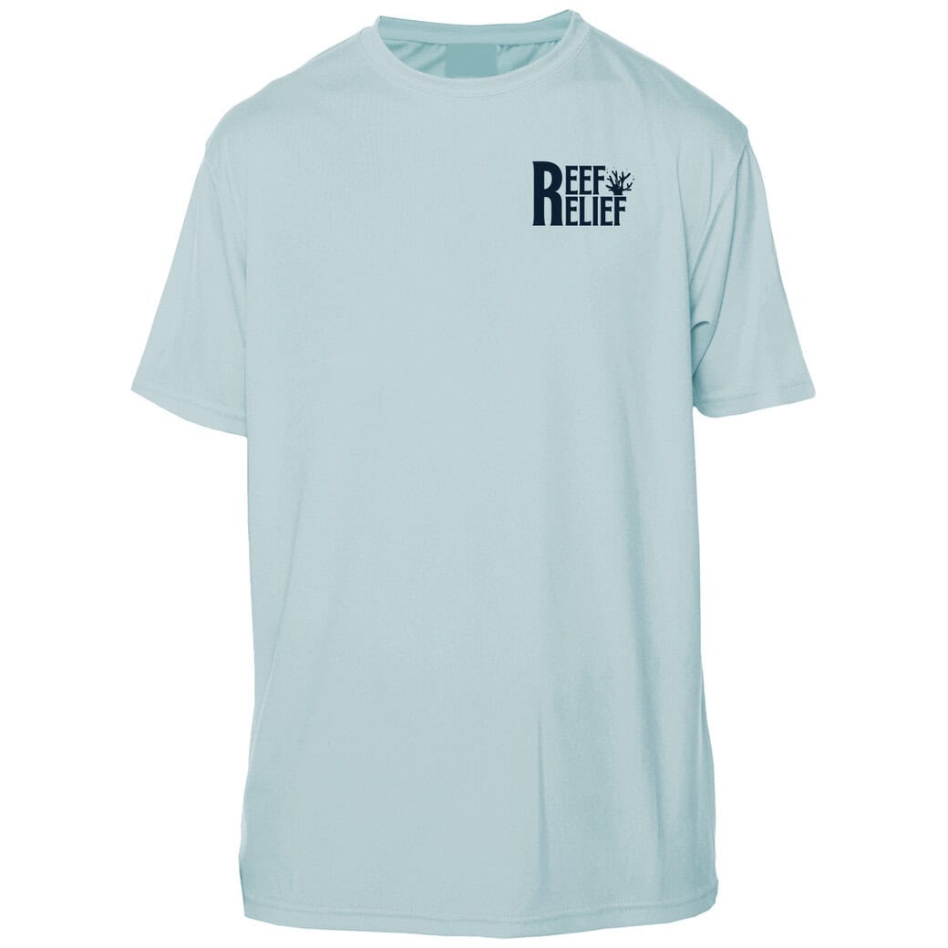 Light blue T-shirt with "Reef Relief" logo for environmental awareness.