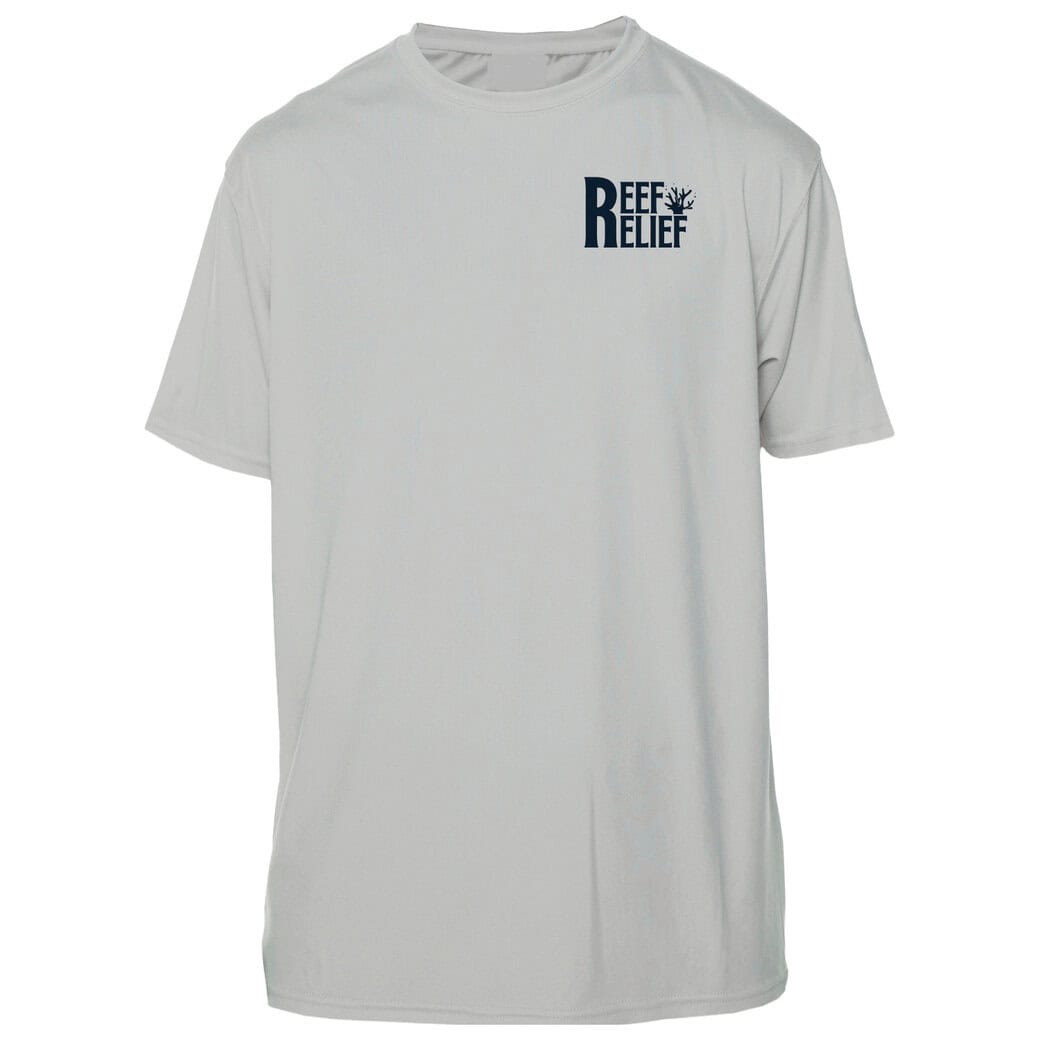 White Reef Relief T-shirt with logo, eco-friendly apparel for ocean conservation.