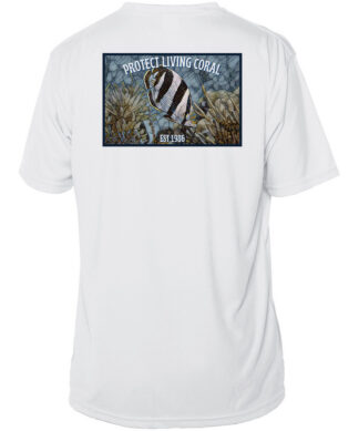 Reef mosaic featuring a banded butterfly fish with coral, promoting ocean conservation.