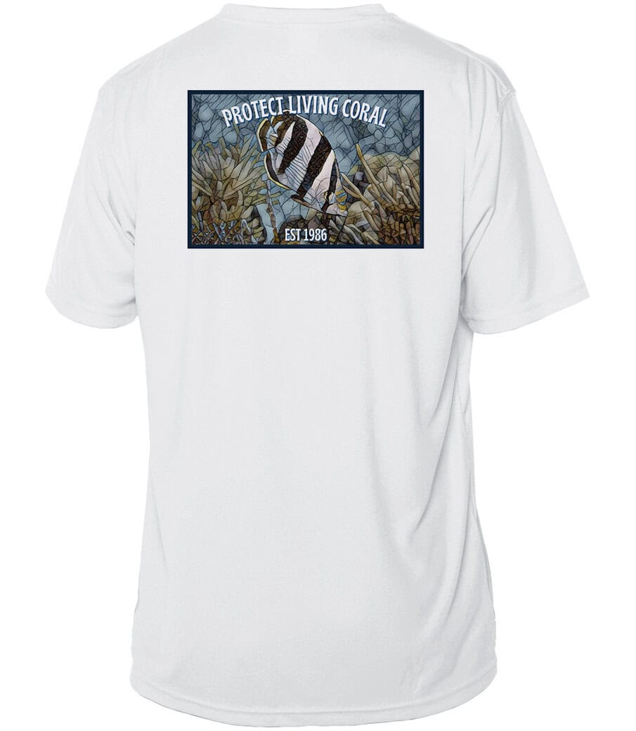 Reef mosaic featuring a banded butterfly fish with coral, promoting ocean conservation.