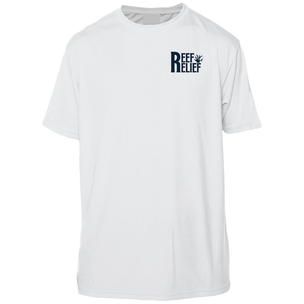 White Reef Relief T-shirt with logo for ocean conservation awareness.