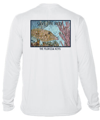 White long sleeve shirt with "Save the Reef" filefish mosaic design, UPF 50+ protection.