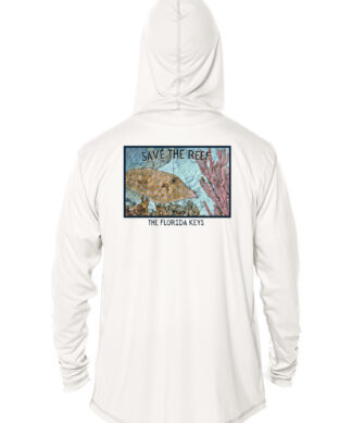 Reef Relief Filefish Mosaic UPF 50+ Hoodie in white, featuring a colorful reef and filefish design.