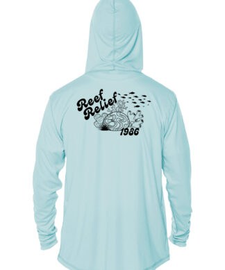 Hooded UPF 50+ hoodie with Reef Relief logo and ocean waves design in Arctic Blue. Perfect for sun p.